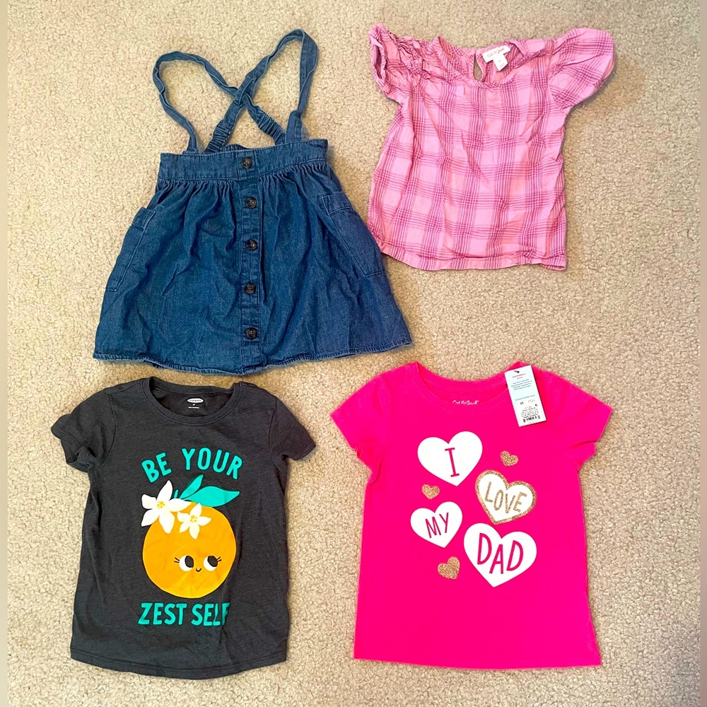 Lot of 4 girls size 5t! 3 t-shirts and 1 overall jean skirt.